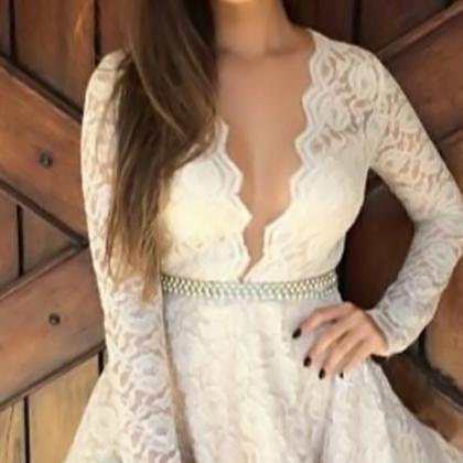 Women Deep V Long Sleeve Lace Prom Ball Cocktail..