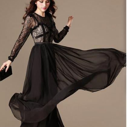 Vintage Long Sleeves Chiffon Maxi Lace Cocktail..
