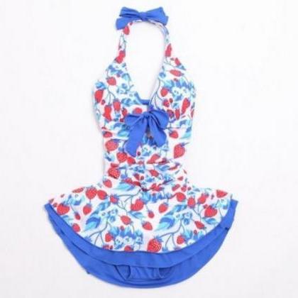 Women Strawberry Swim Dress Bandage Bikini Set Halter Lace Cross Back  Swimsuit on Luulla