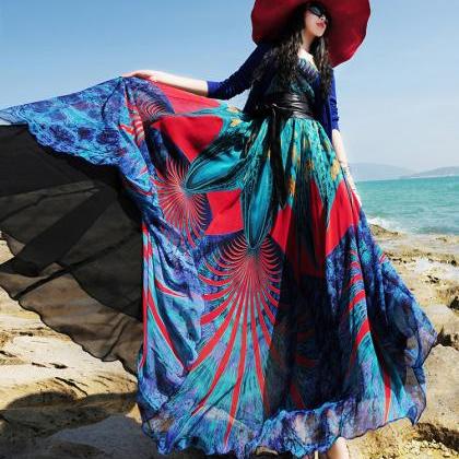 Loose Bohemian Chiffon Dress Women Summer Print..