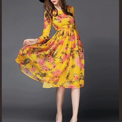 Women Silk Long Dress Pleated Widen Floral Super..