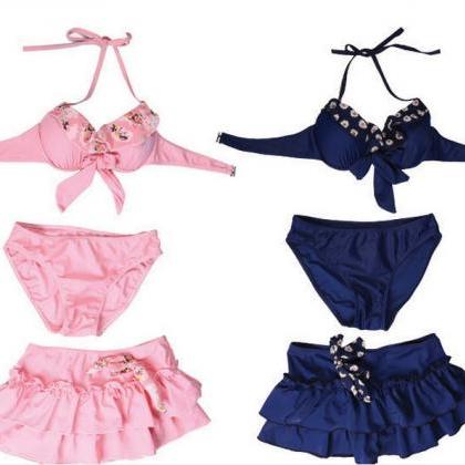 Women Four Piece Breast Springs Bow Swimsuit Red..