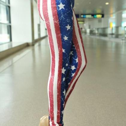 American Us Flag July 4th Leggings Pants Star..