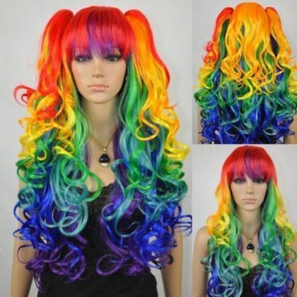 Beautiful Multi-color Rainbow Long Curly Cosplay..