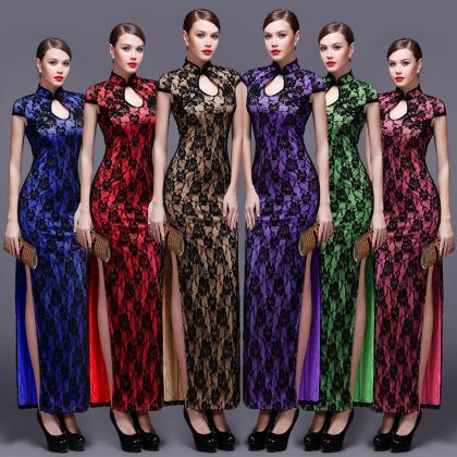 Sexy Chinese Women High Slit Dress Lace Evening..