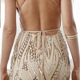 Sexy Women Sequins Backless V Neck Bodycon..