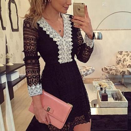 Sexy Women Lace V-neck Long Sleeve Casual Cocktail..