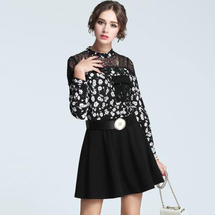 Summer European Ladies Stitching Lace Long Sleeved..