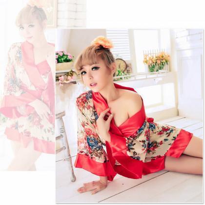 Sexy Japan Women Girl Cosplay Red Japanese Kimono Lingerie Floral Dress