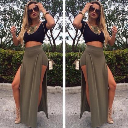 Sexy Women Two Pieces Patchwork Top Bodycon Slit..