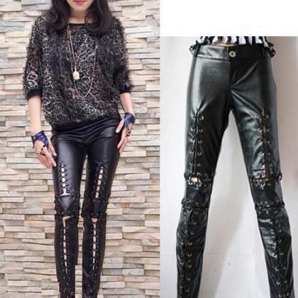 Women Lady Black Lace Up Pvc Leather Leggings Long..