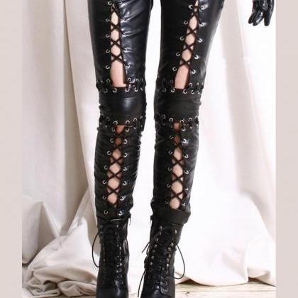 Women Lady Black Lace Up Pvc Leather Leggings Long..