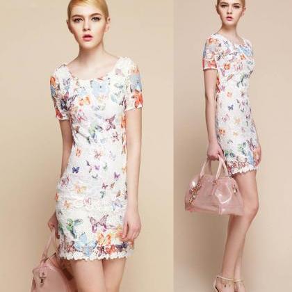 Women Fashion 3/4 Dress Butterfly Print Embroidery..