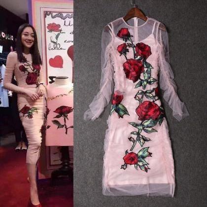 Pink Mesh Rose Embroidery Runway Sexy Women..
