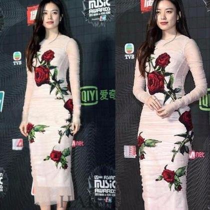 Pink Mesh Rose Embroidery Runway Sexy Women..