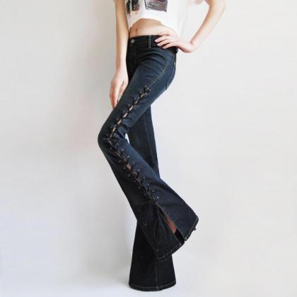 Special Side Tie Retro Lace Up Slim Mid Waist Bell..