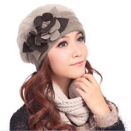 Women Floral Winter Wool Rabbit Fur Ski Warm Hat..