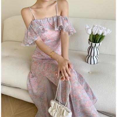 One Shoulder Floral Fairy Sweet Chiffon Fairy Floral A line Dress