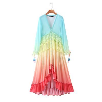 Holiday Vacation Sexy Women V-neck Irregular Hem Gradient Rainbow Color Tassel Long Dress