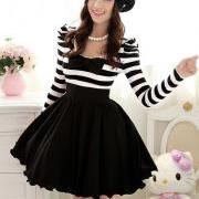 Women fashion Black White Striped Bowknot round collar Puff Long Sleeve Dress