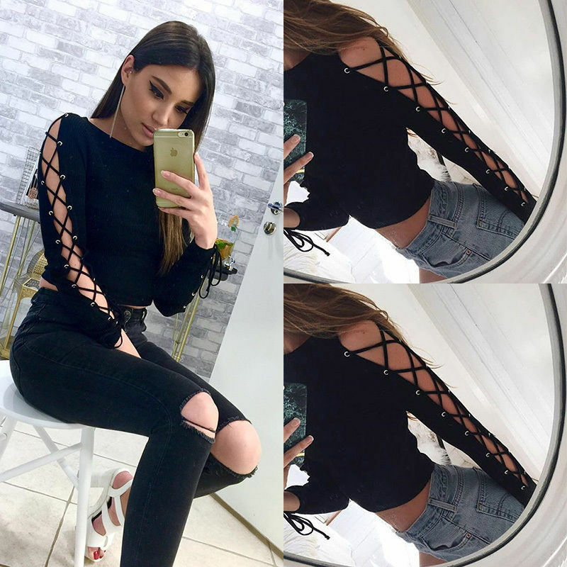 Lady Long Sleeve Tops Shirt Black Slim Hollow Side Strap Lace Up T-shirt Blouse
