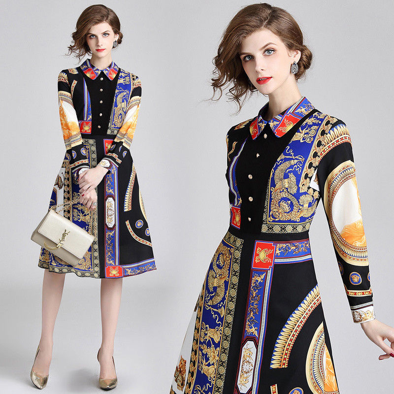 Spring Fall Vintage Print Collar Geometric Empire Waist Women Casual Dresses
