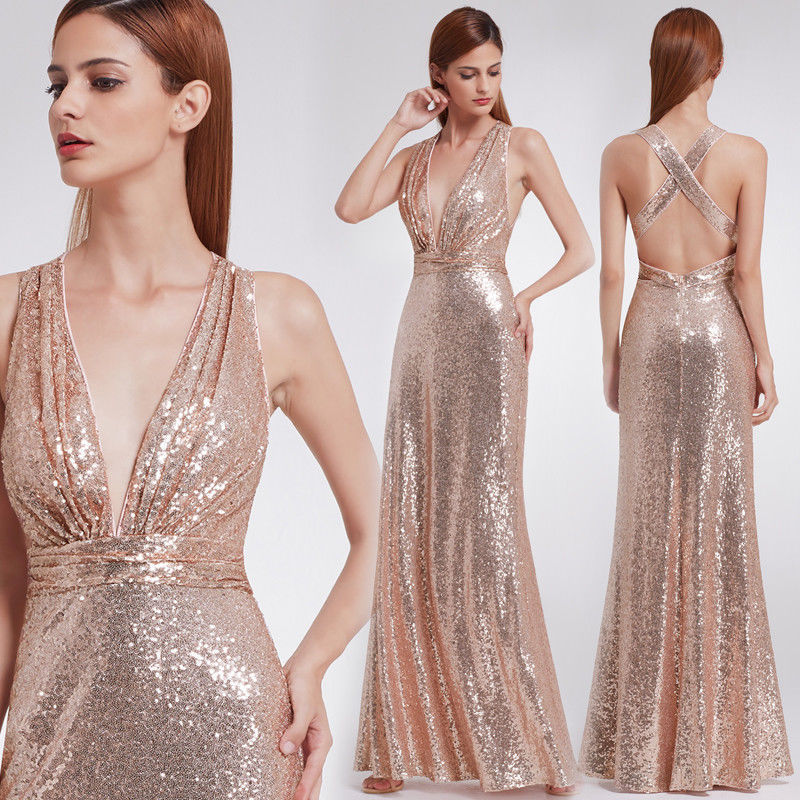 Sequins Rose Gold Celebrity Sweetheart Strapless Prom Gown Evening Party Dresses