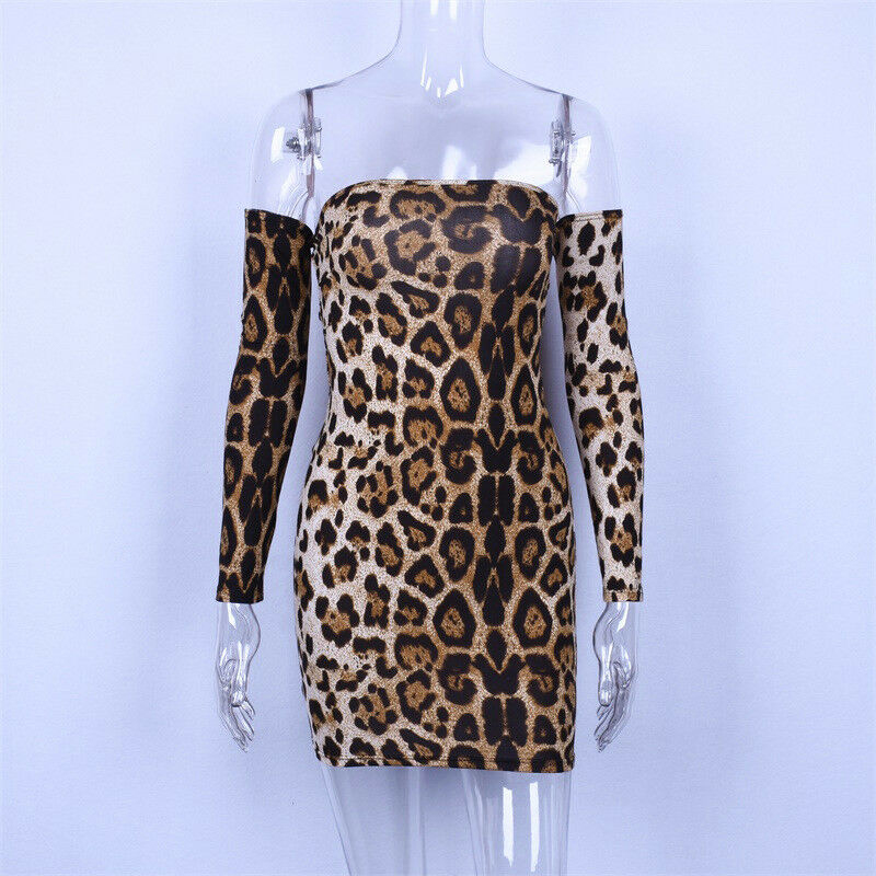 Sexy Women Leopard Printed Bodycon Strapless Backless Bandage Night Party Dress