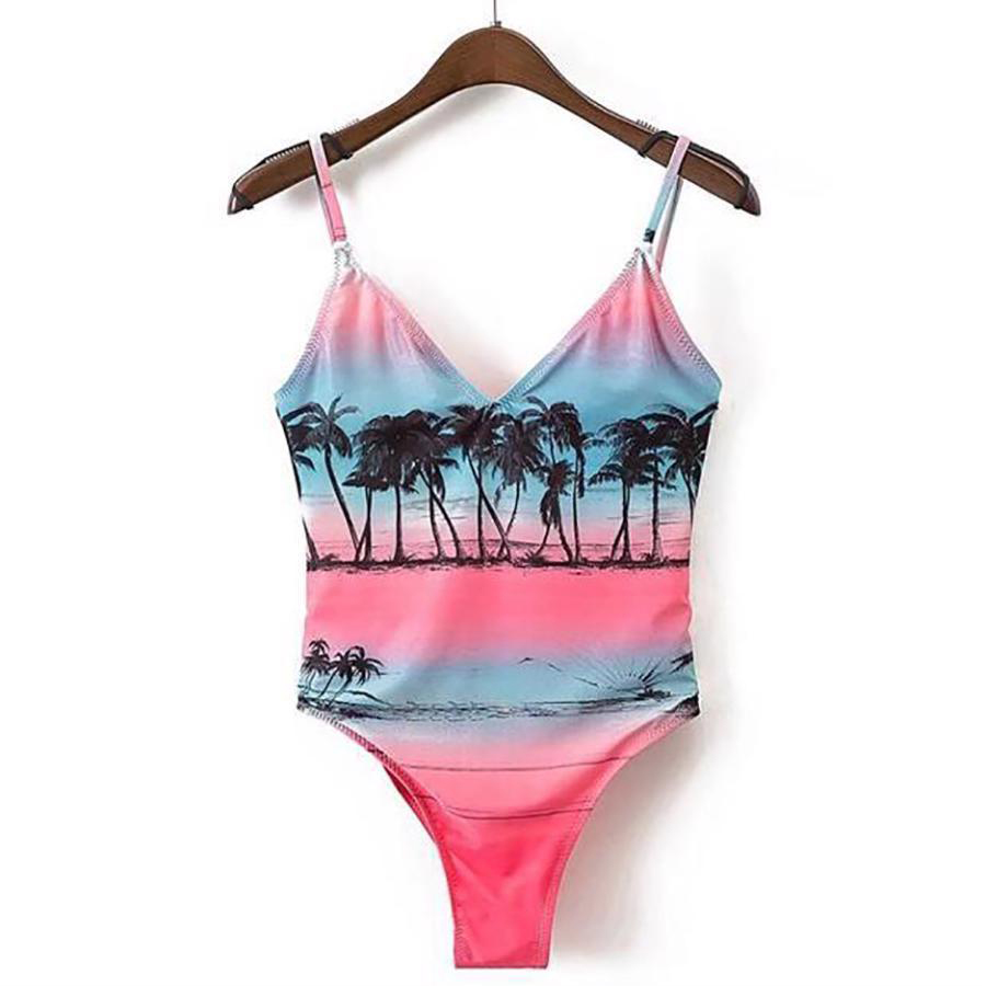 Swimwear High Cut One Piece Bodysuit Tree Tropical Print Beachwear Bathing Suit