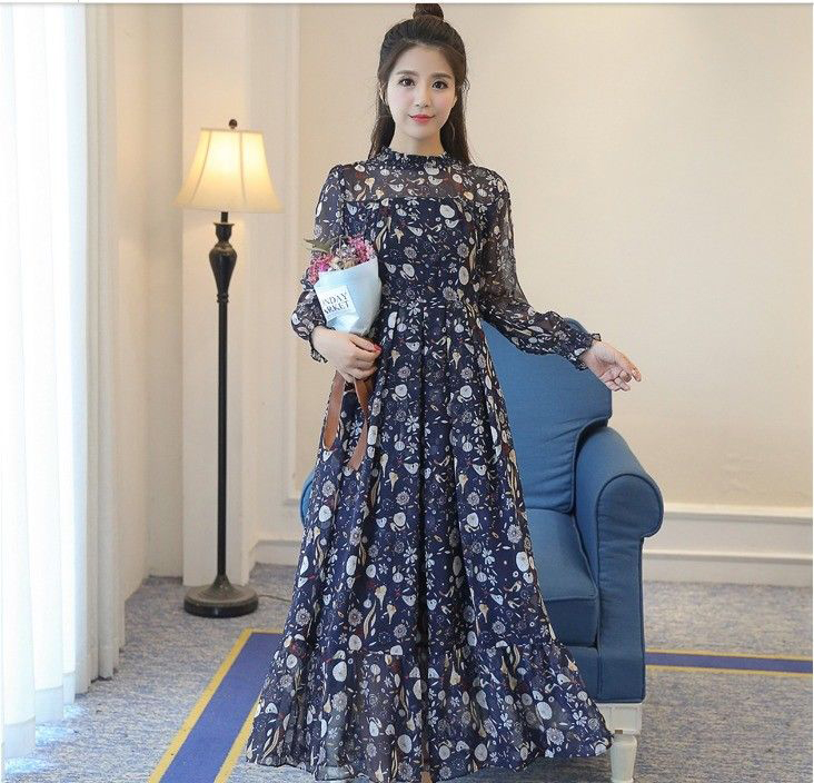 Elegant Long Sleeve Korean Fashion Floral Maxi Long Casual Blue Chiffon Dress