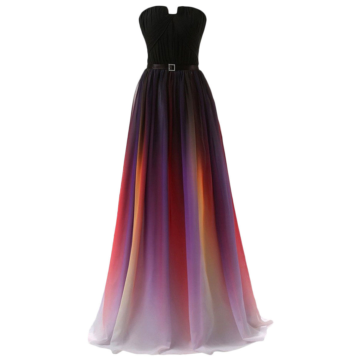 Beauty Strapless Pleated Gradient Color Colorful Ombre Chiffon Prom Gown Dress