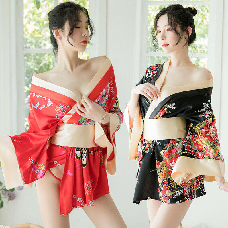 Red Black Japanese Kimono Lingerie Floral Bath Robe Nightdress Costume Cosplay