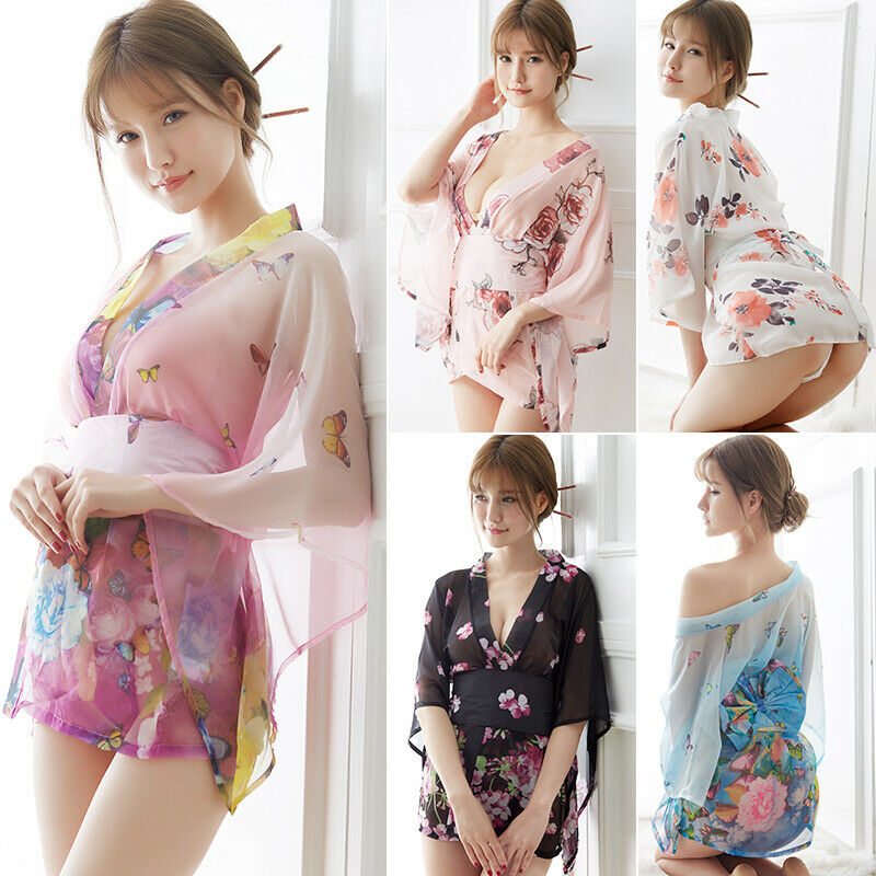 Blue Green Pink White Japanese Kimono Lingerie Floral Bath Robe Dress Cosplay