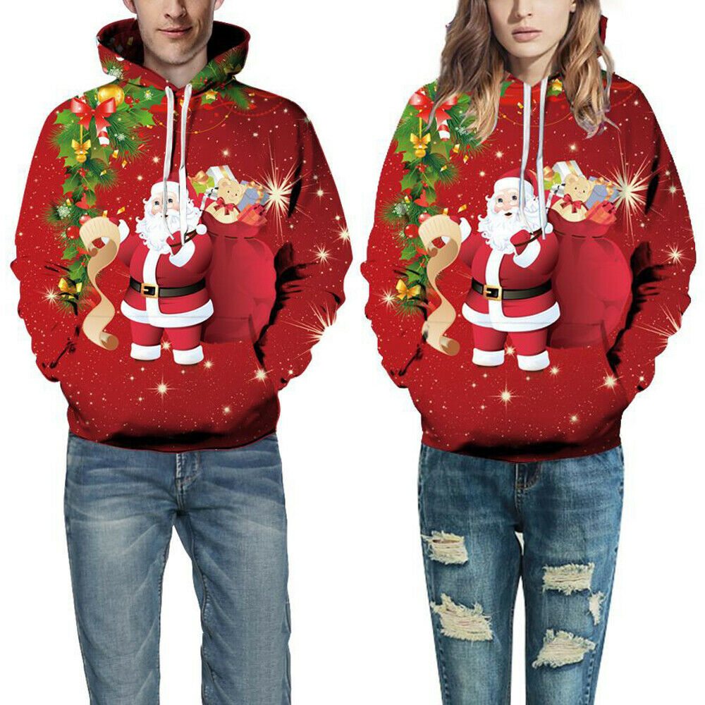 Funny Xmas Christmas Santa Claus Hoodie Sweatshirt Jacket Pocket Pullover Tops