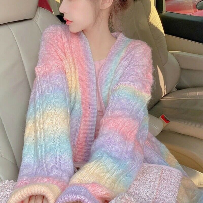 Rainbow Knitted Sweater Autumn Fall Winter Coat Front Button Cardigan Jacket