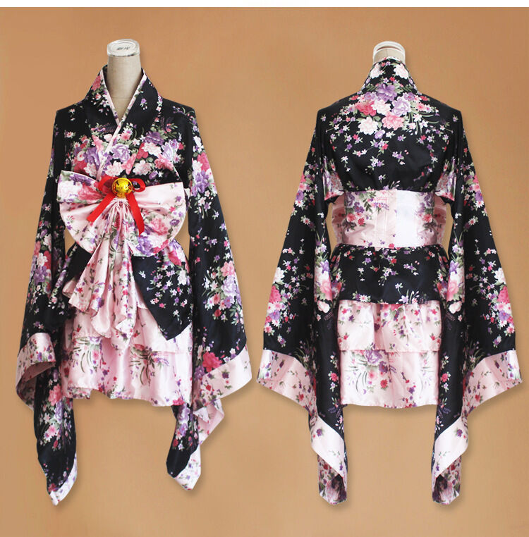 Anime Cosplay Costume Floral Dress Kimono Japanese Women Lolita Maid Uniform