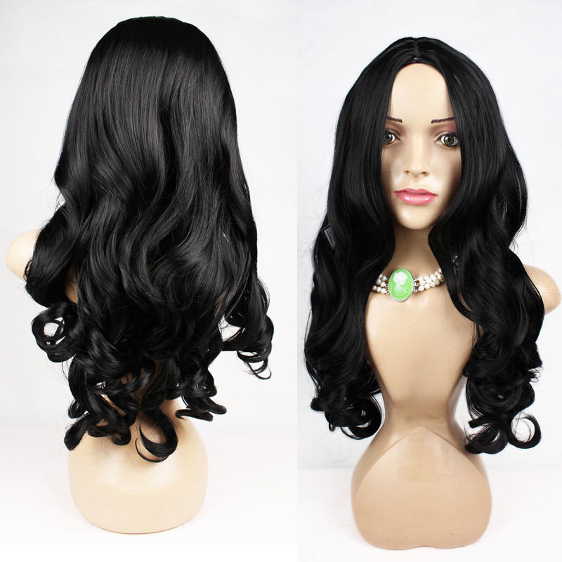 Trendy Women wig Heat Resistant Long Curly Hair Cosplay Costume Black Full Wigs