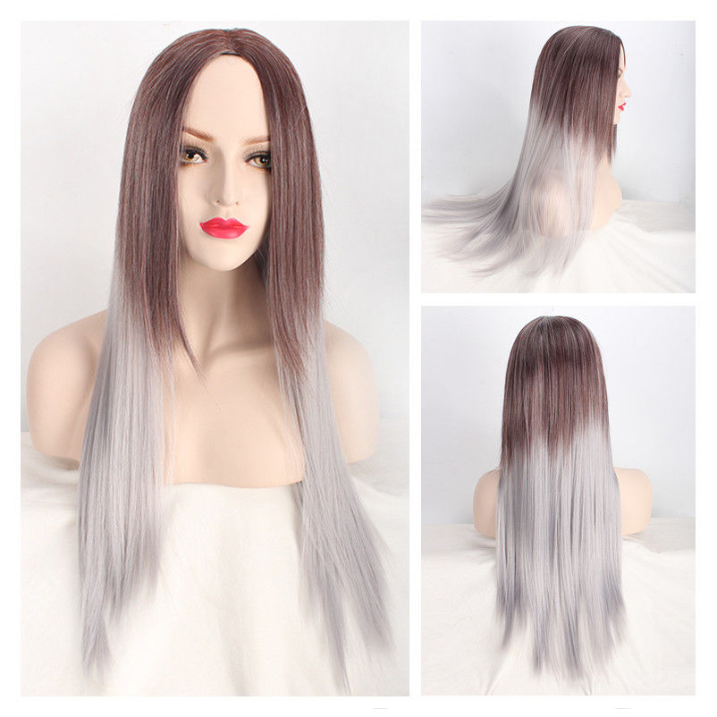 Women's Long Straight Full Wig Heat Resistant Hair Brown Ombre Grey Party Wigs