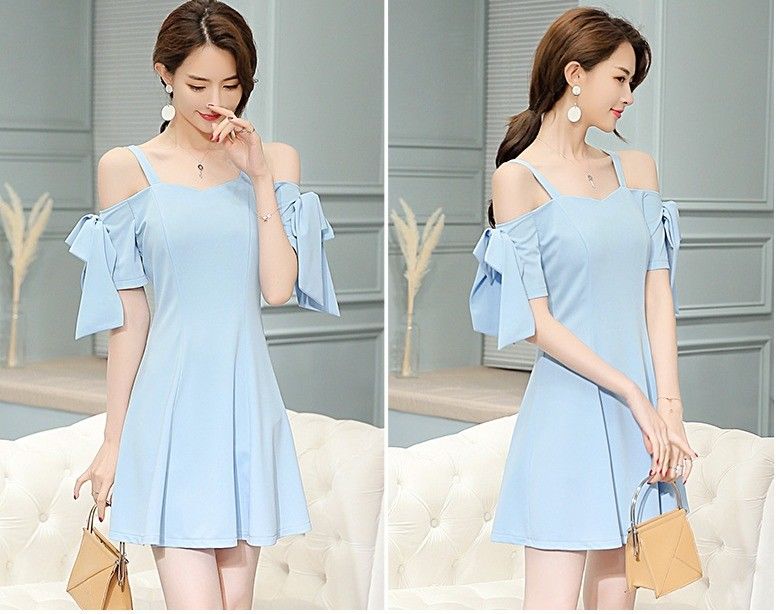 Elegant Off shoulder Korean Fashion A line Short Sleeve Sexy Summer Strap Dress