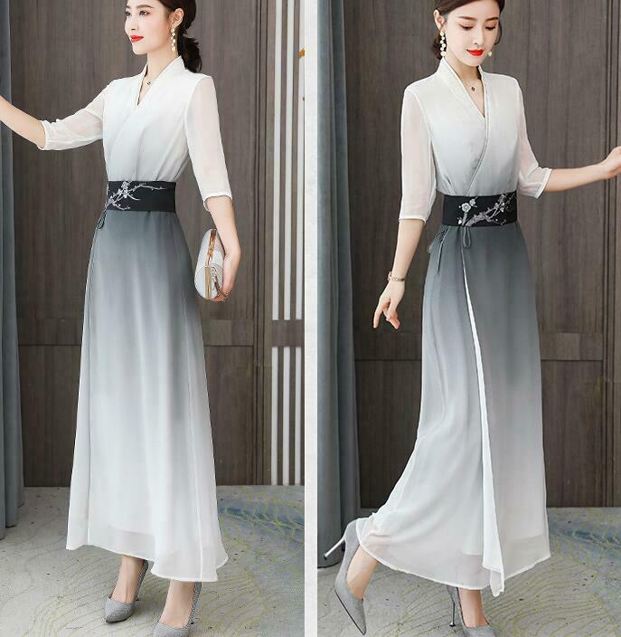 Lady Color Gradual Change Modified Chinese Long Dress Slant Breasted Slim Fit 3/4 Sleeves Dress