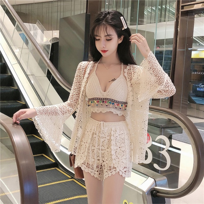 3 in 1 Suit Sexy Women Covered Belly Crochet Knitted Lace Bikini Shorts Cover up Apricot Pattern Long Sleeved Swimsuit