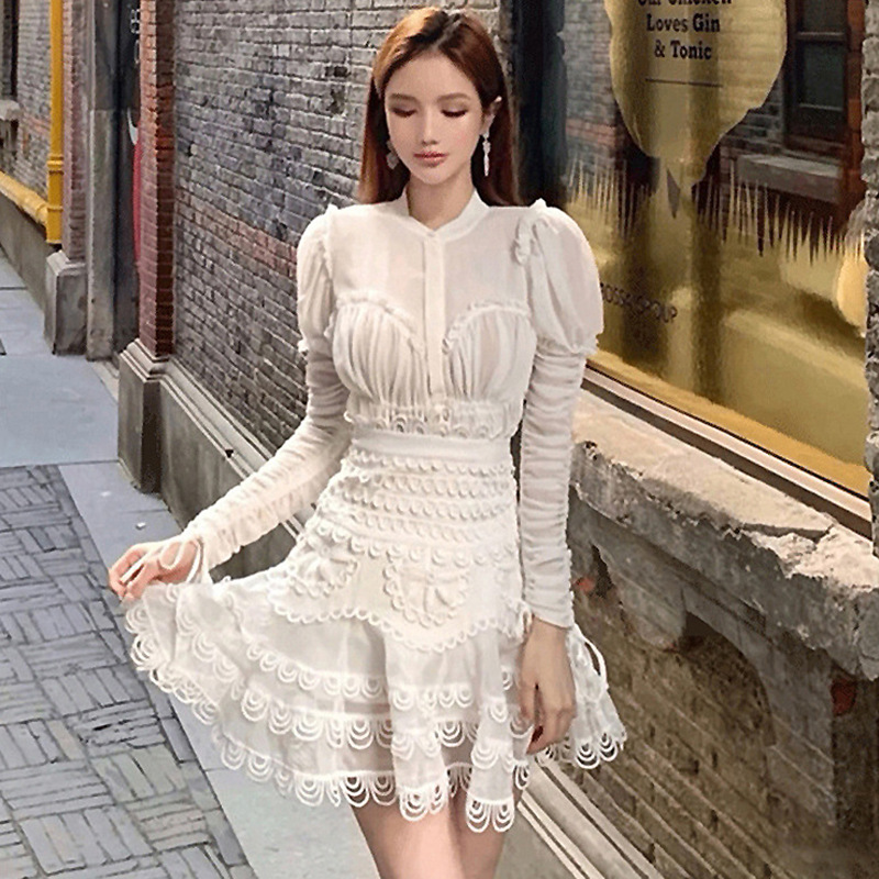 Round Neck Cake Lace Embroidery Long Sleeve Chiffon White Dress