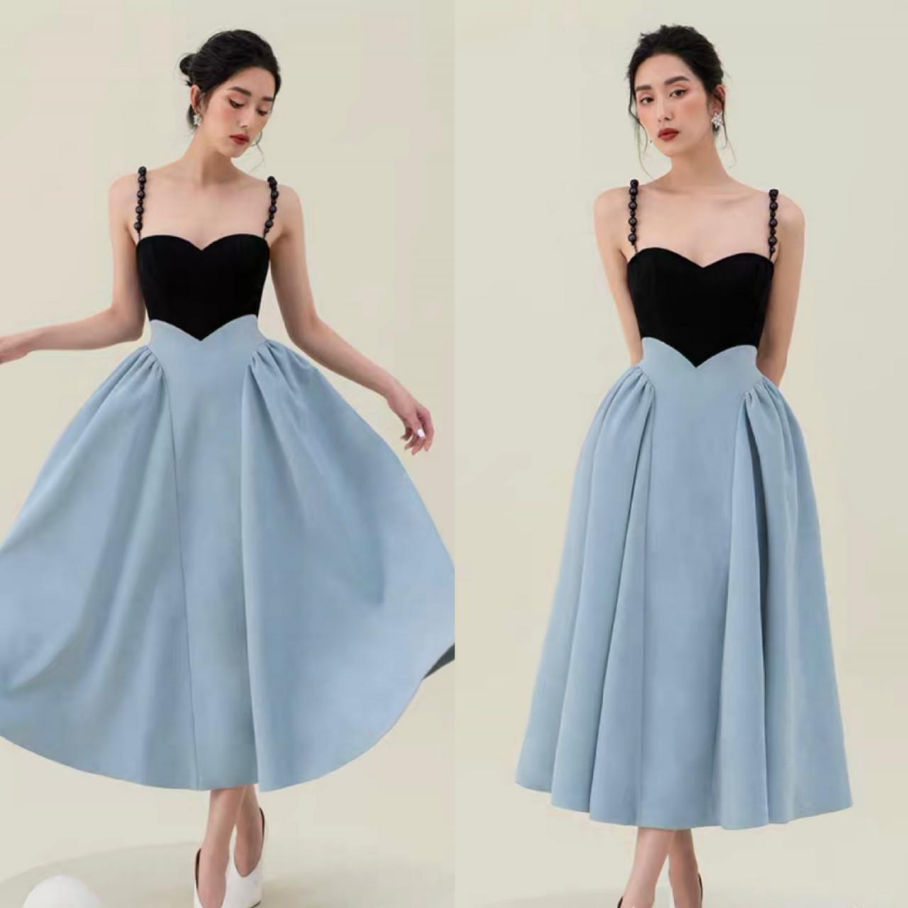 Spring Women Pearl Sling Blue Back Zipper Dress Stitching Big A Line Skirt