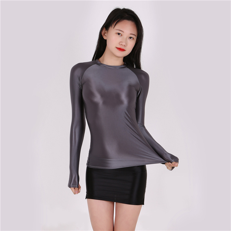 3x Women Smooth Shiny Stretchy Sport Gym Yoga Outfit Color Long Sleeve Shirt Topwear