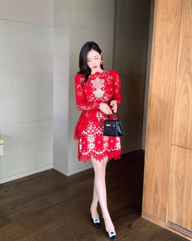 Spring Sexy Lace Temperament Red Hollow Out Smock Dress A Line Skirt