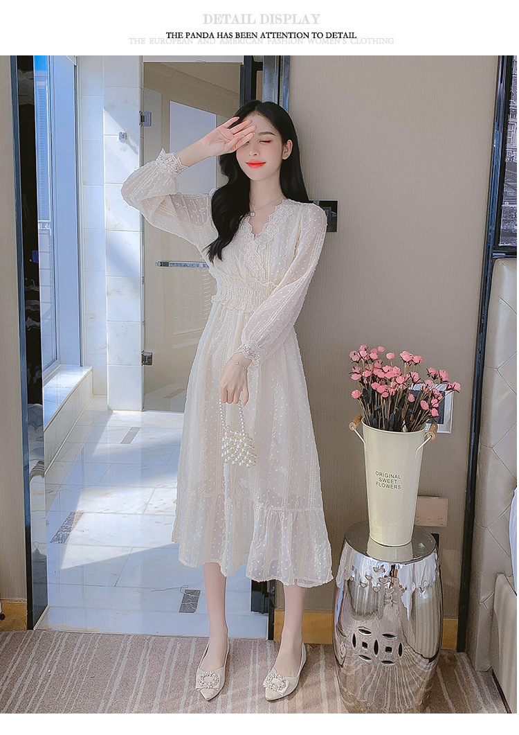 French Spring V Neck Lace Bottoming Clothing Temperament Fairy Skirt Dress