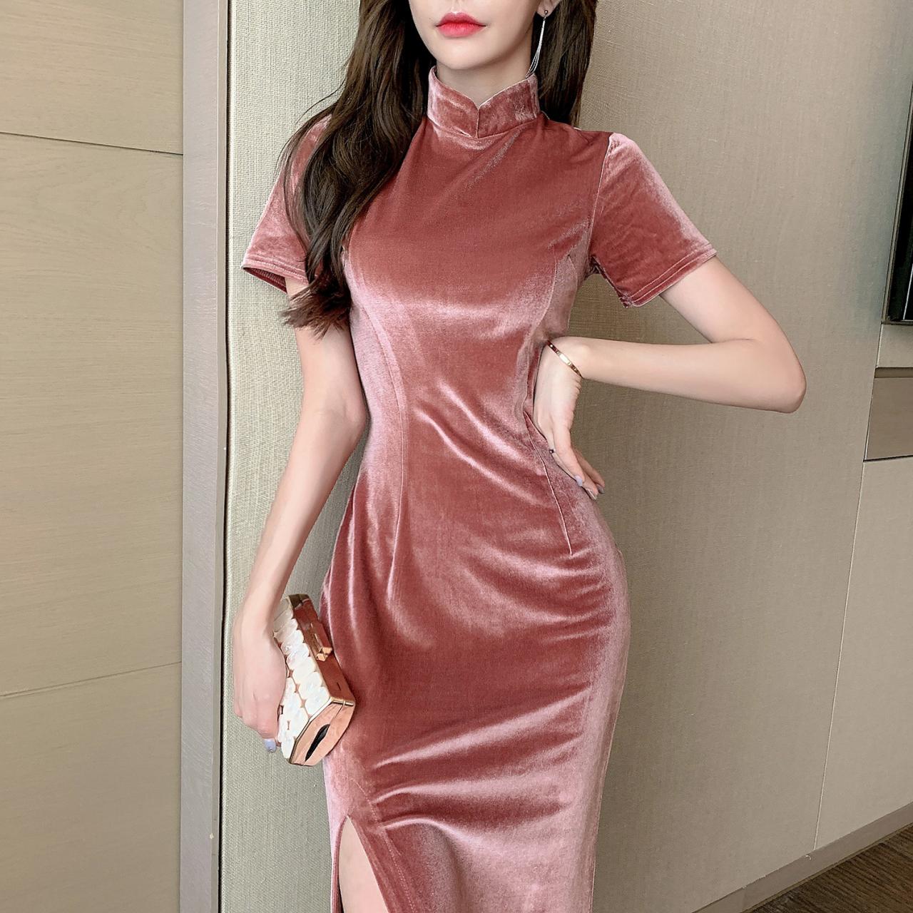 Light Velvet Pink Side Slit Cheongsam High Waist Long Short Sleeves Dress