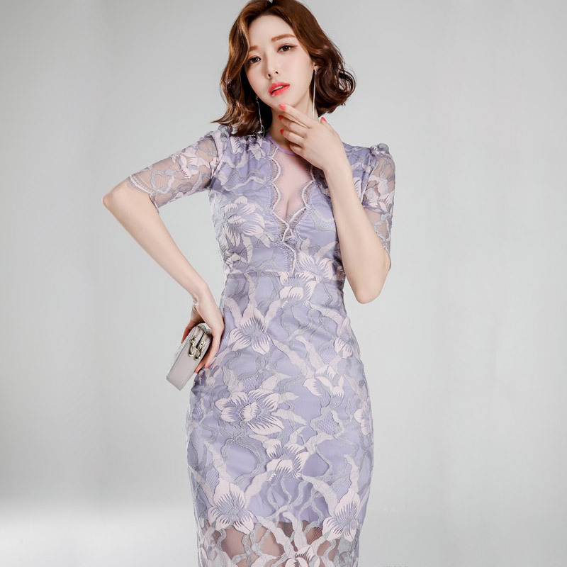 High Quality Women Lace Temperament Elegant Mid Length Hips Pencil Dress