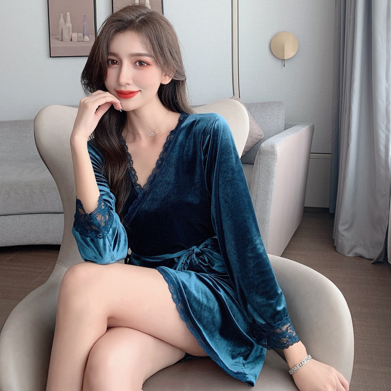 Sexy Women Lace Long Sleeved Velvet Kimono Bathrobe Pajamas Home Nightgown