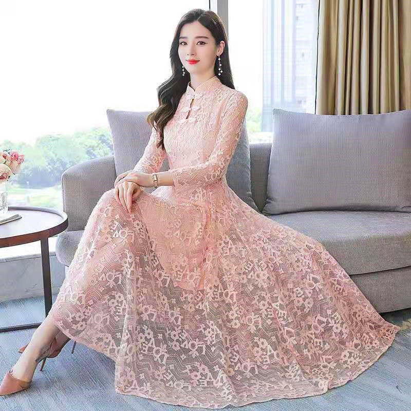 Temperament Mid Length Stand Up Collar Front Button Elegant Lace Long Sleeved Dress